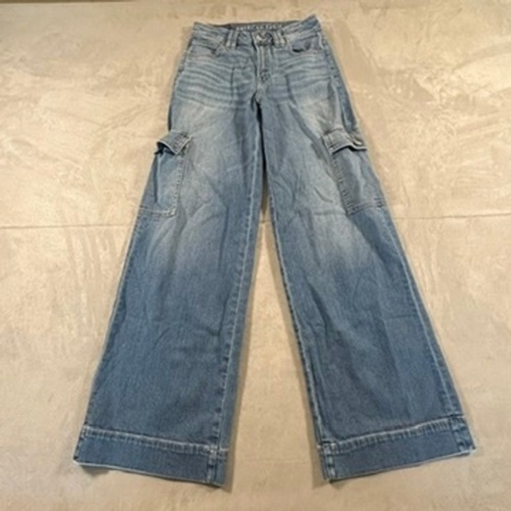American Eagle Cargo Jeans Womens Super High Rise Baggy Wide Leg 00 Blue